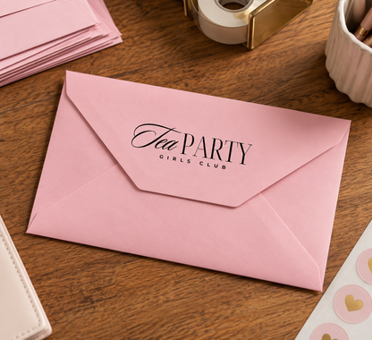 A pink paper envelope with the text 'The PARTY GIRLS CLUB' printed in black on the flap, placed on a wooden desk with stationery items around it.